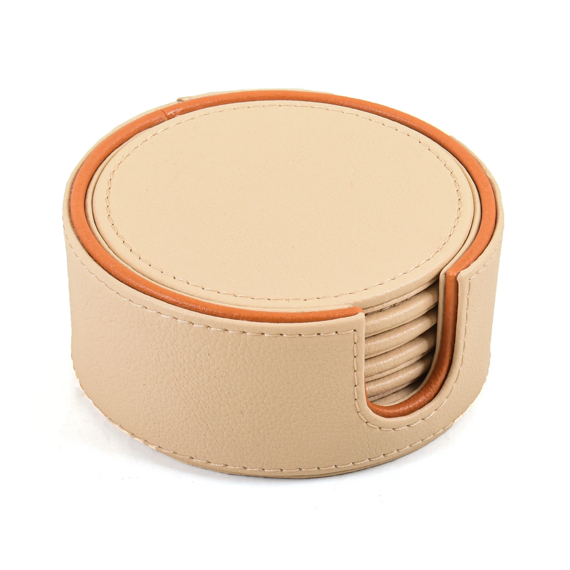 Leatherette Round Coasters Set of 6 | Beige | Axis 2.0 ICHKAN