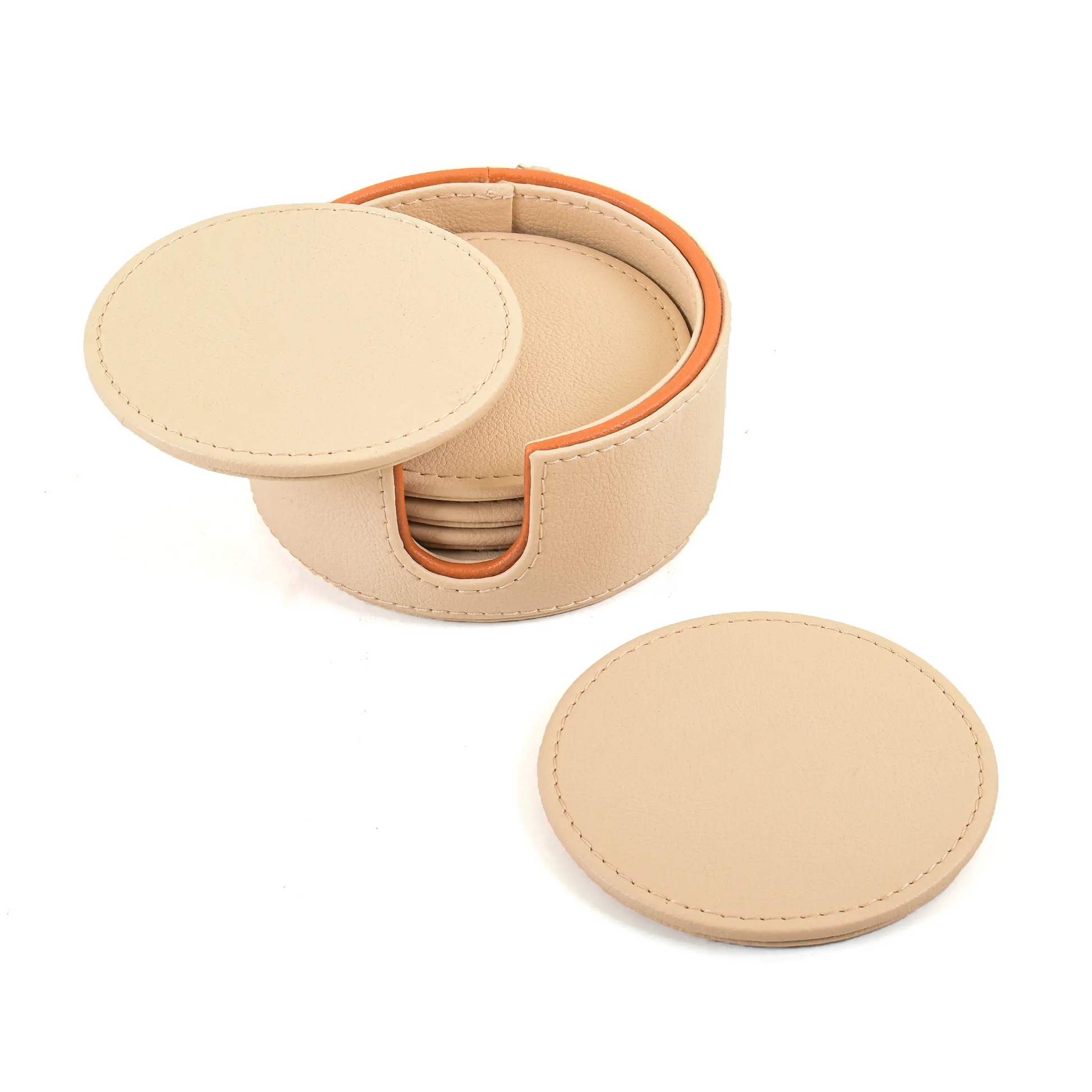 Leatherette Round Coasters Set of 6 | Beige | Axis 2.0 ICHKAN
