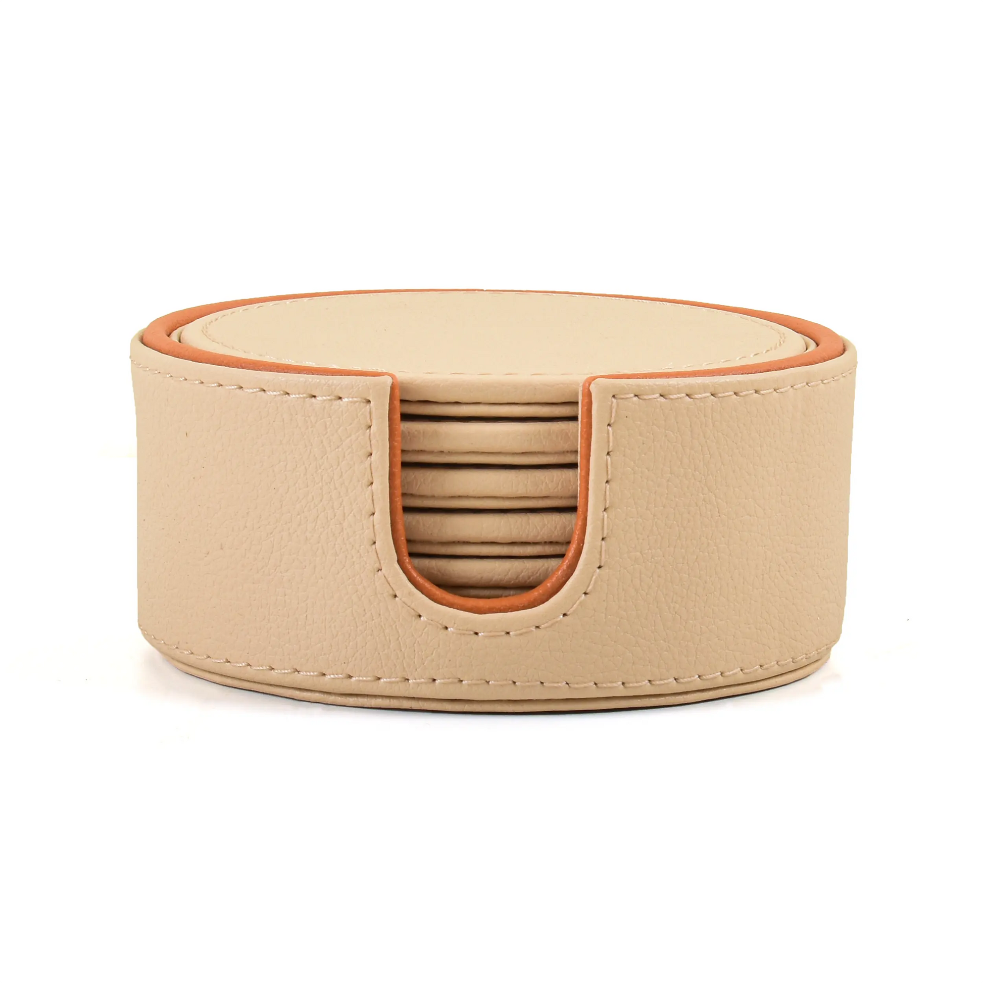 Leatherette Round Coasters Set of 6 | Beige | Axis 2.0 ICHKAN