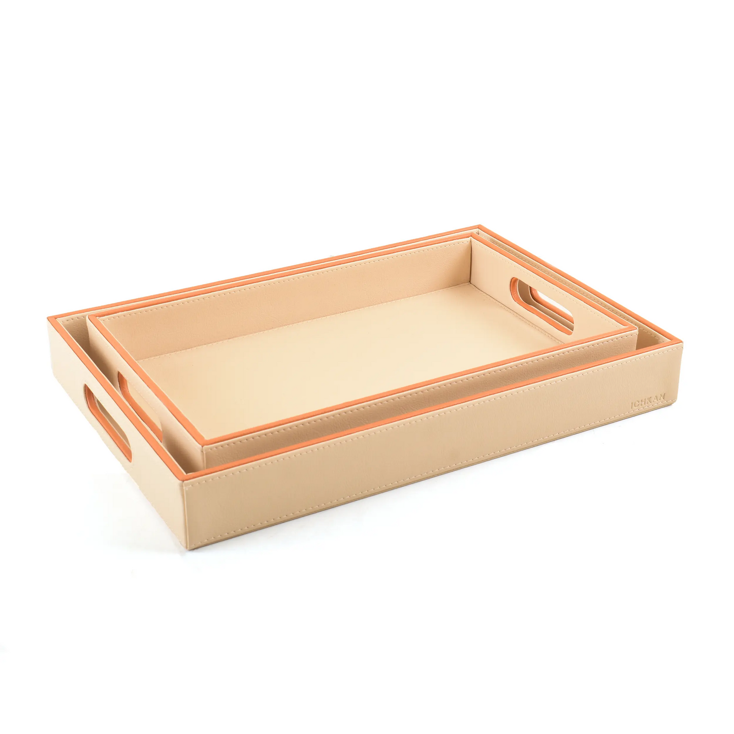 Leatherette Rectangle Serving Tray Set of 2 | Beige | Axis 2.0 ICHKAN