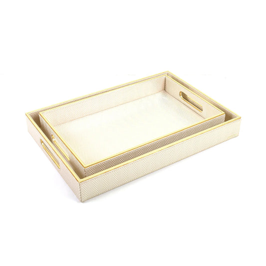Leatherette Rectangle Serving Tray Set of 2 | White Gold | Hamilton Ichkan