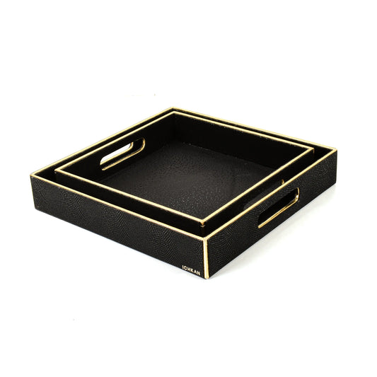 Leatherette Square Serving Tray Set of 2 | Black | Serpentine Ichkan