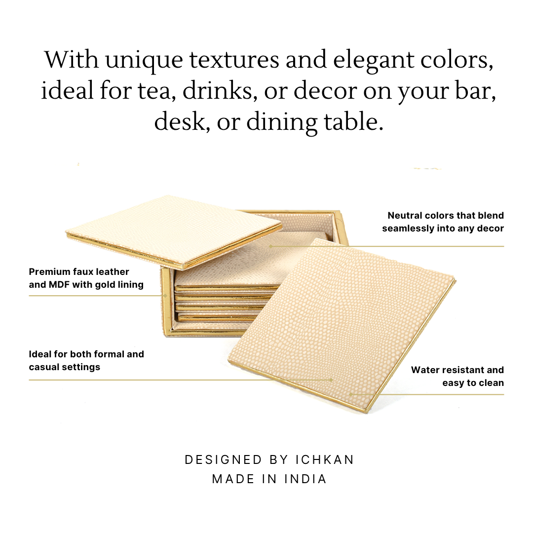 Leatherette Square Coasters Set of 6 | Ivory | Serpentine Ichkan