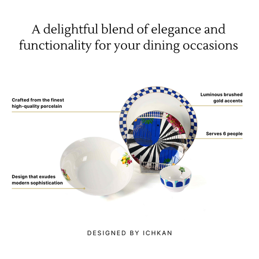 Decorative porcelain set with gold accents, designed by Ichkan, on a white background. Dinner Set Infographics | Multicoloured | Amalfi | ICHKAN by Day To Day