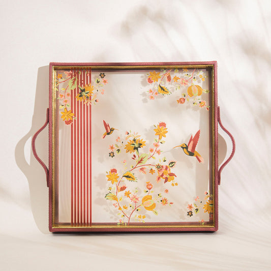 Bloom Print Glass Leatherette Square Tray