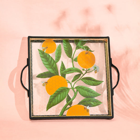 Bee Print Glass Leatherette Square Tray