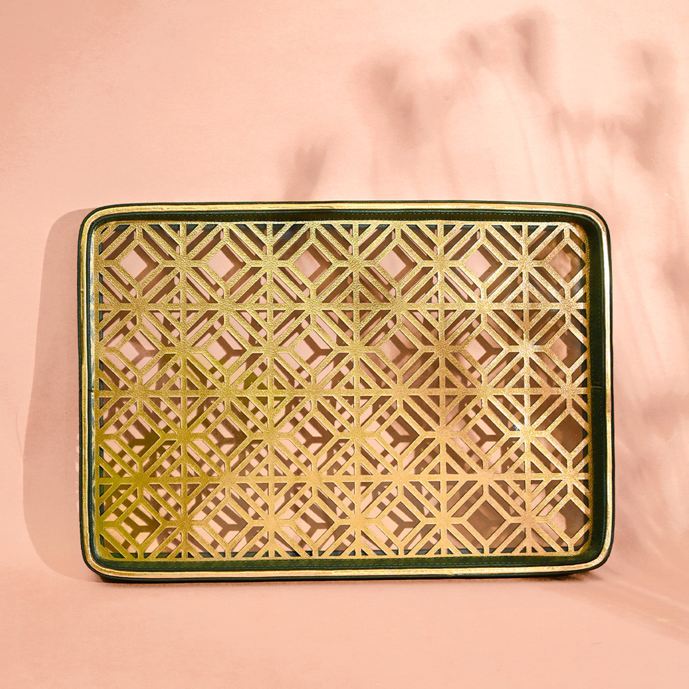 Golden Lattice Glass Leatherette Rectangle Tray | Green