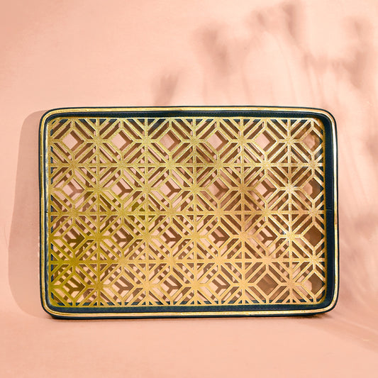 Golden Lattice Glass Leatherette Rectangle Tray | Blue