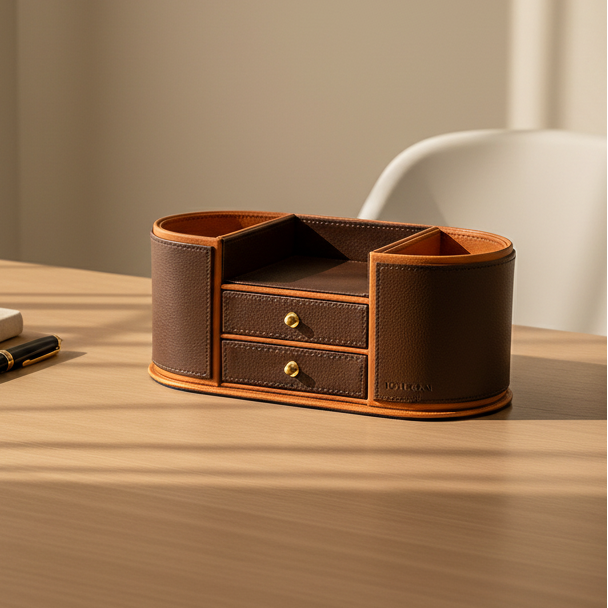 Leatherette Office Table Organiser with Storage Drawers | Dark Brown | Axis 2.0 ICHKAN