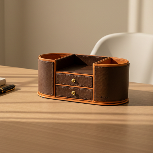 Leatherette Office Table Organiser with Storage Drawers | Dark Brown | Axis 2.0 ICHKAN