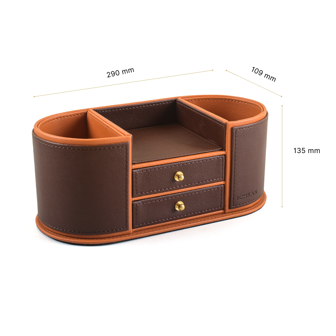 Leatherette Office Table Organiser with Storage Drawers | Dark Brown | Axis 2.0