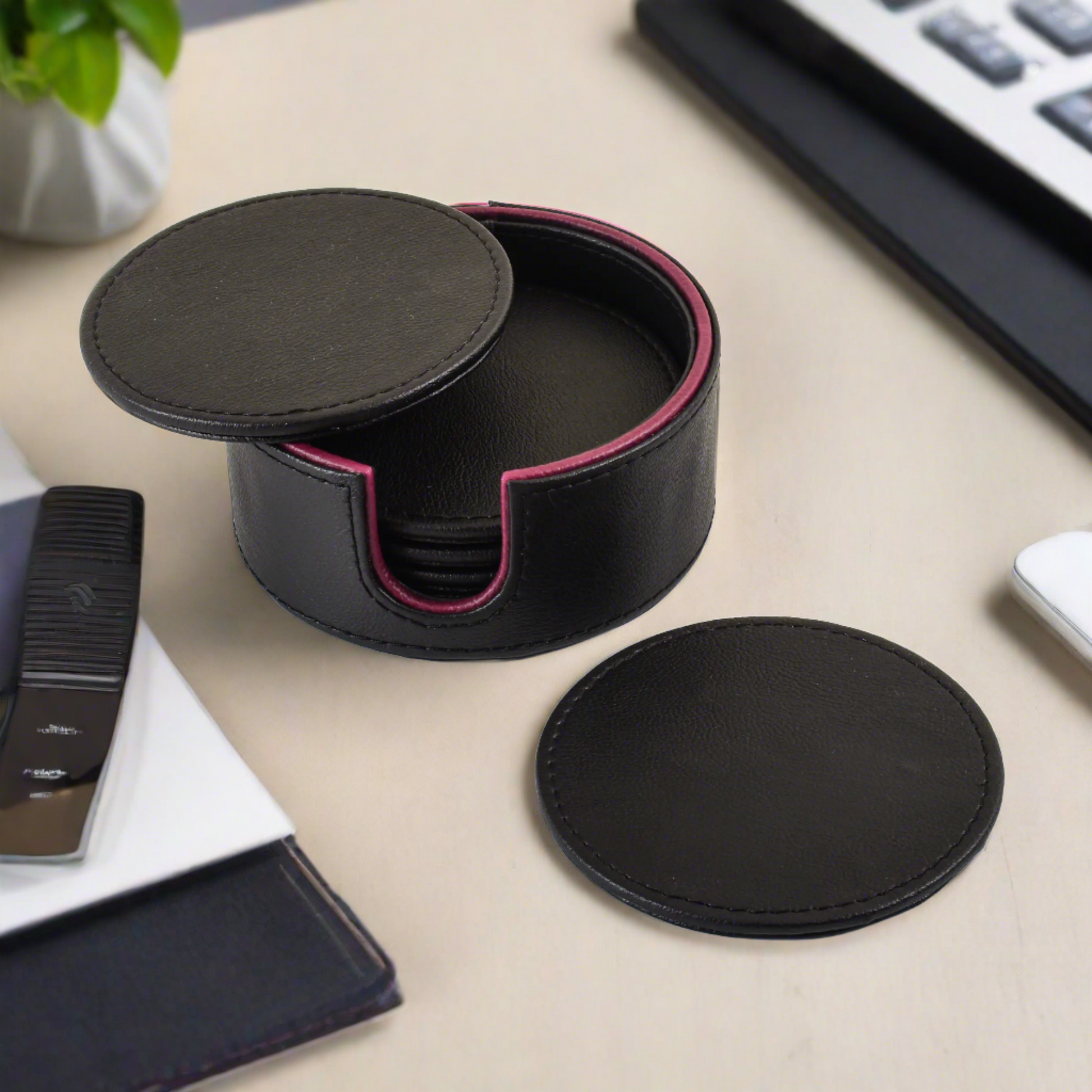 Leatherette Round Coasters Set of 6 | Black | Axis 2.0 ICHKAN