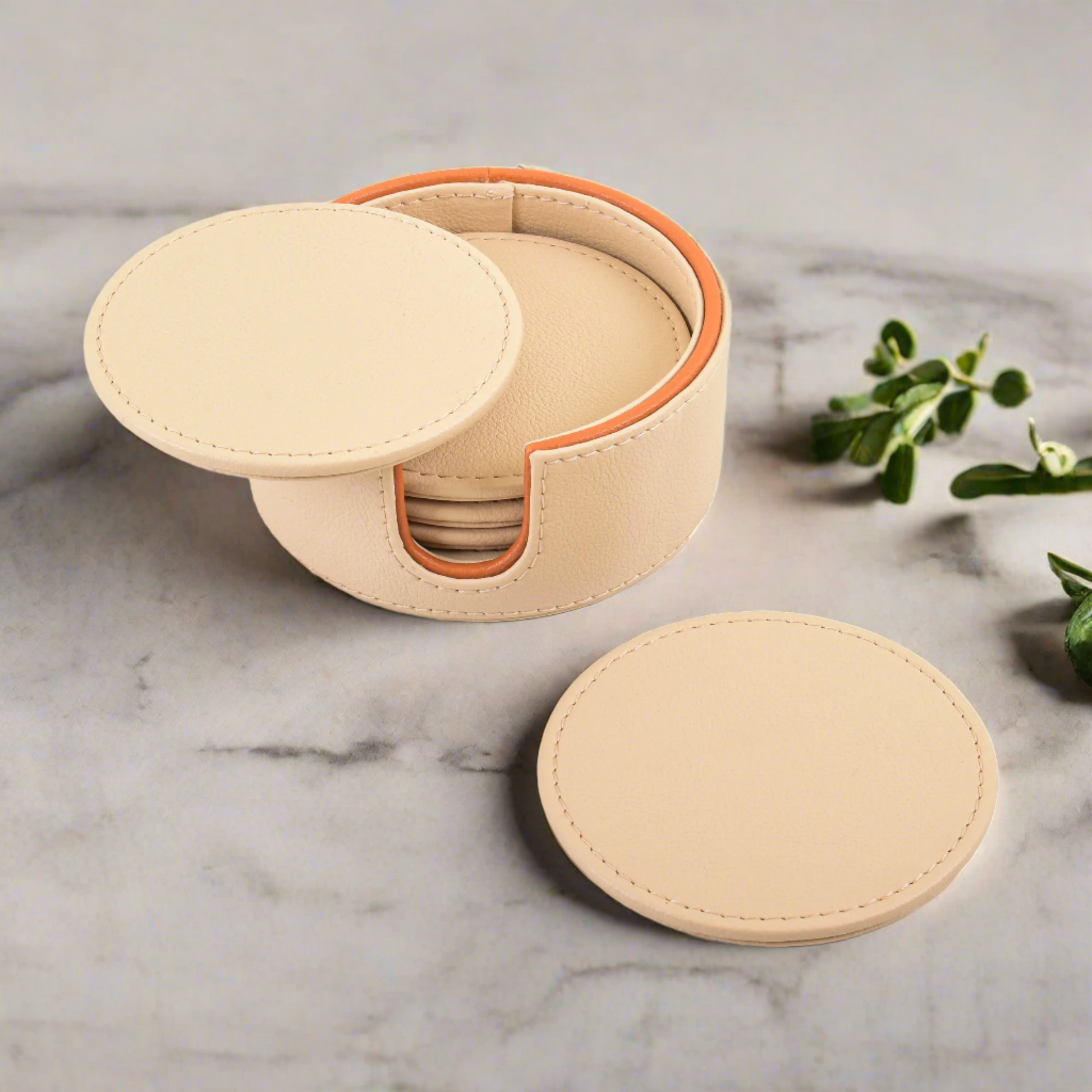 Leatherette Round Coasters Set of 6 | Beige | Axis 2.0 ICHKAN