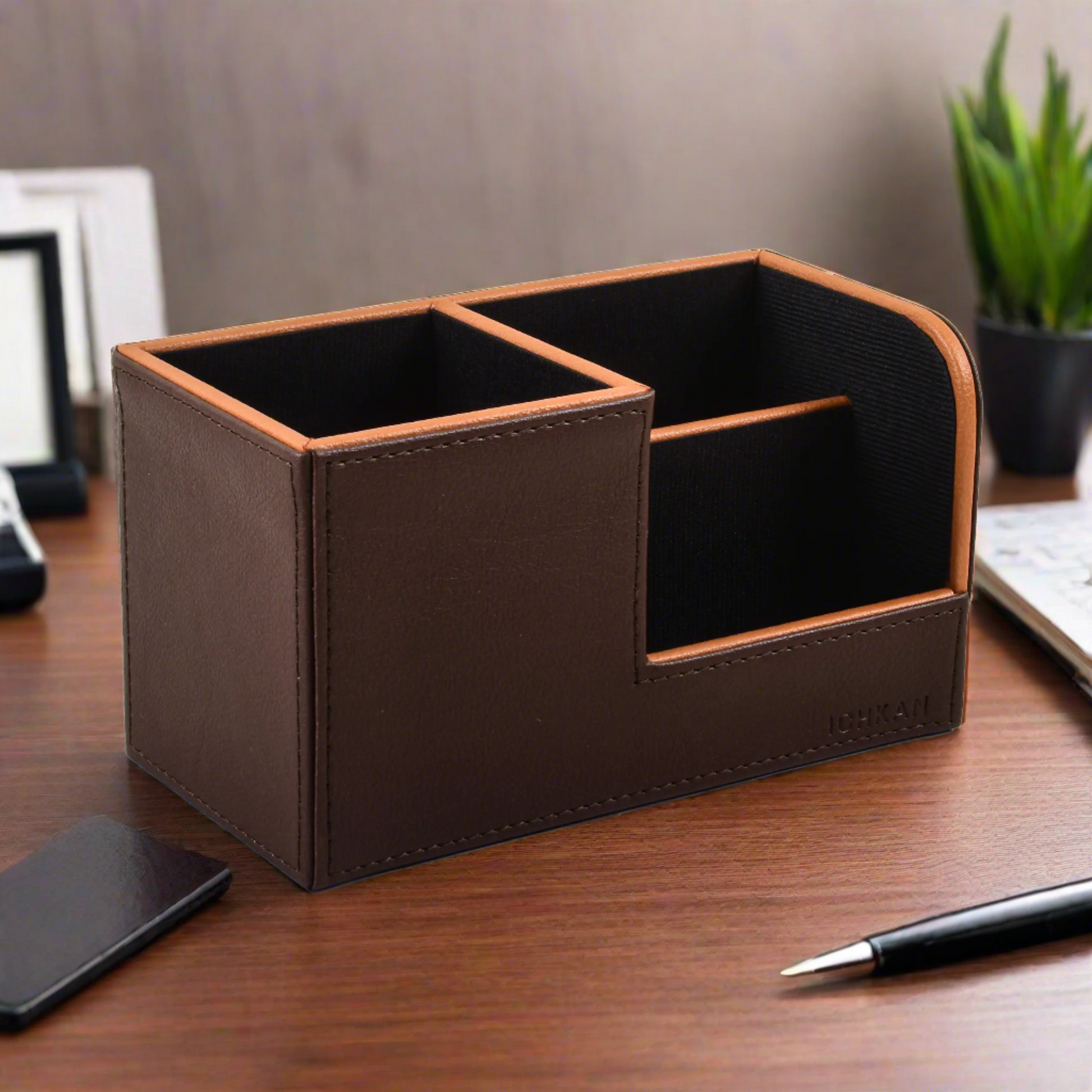 Leatherette Remote/Stationery Holder | Dark Brown | Axis 2.0 ICHKAN