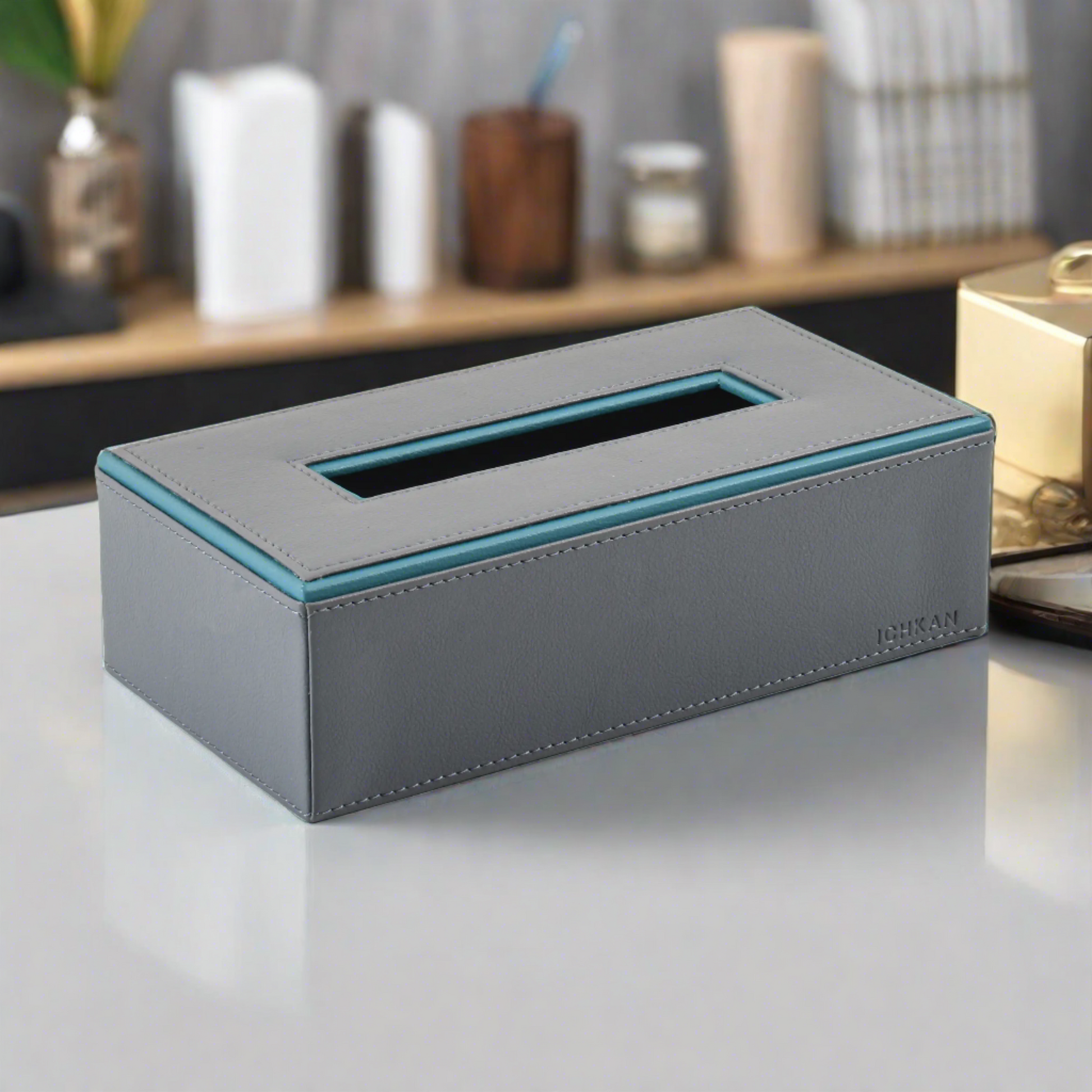 Leatherette Rectangle Tissue Box Holder | Grey | Axis 2.0 ICHKAN