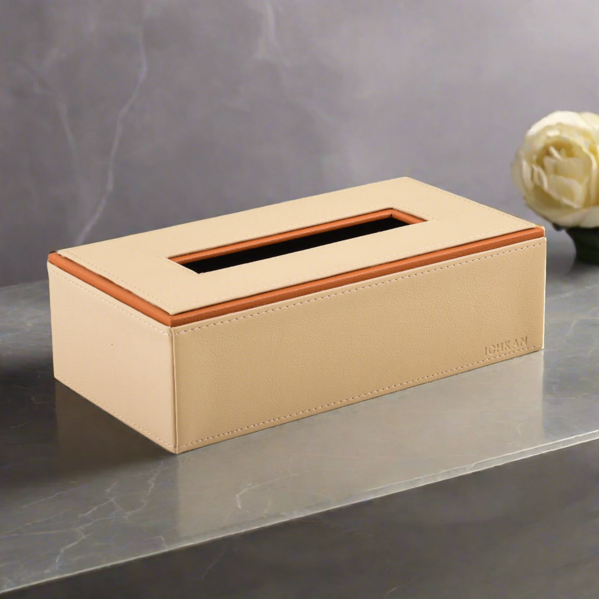 Leatherette Rectangle Tissue Box Holder | Beige | Axis 2.0 ICHKAN