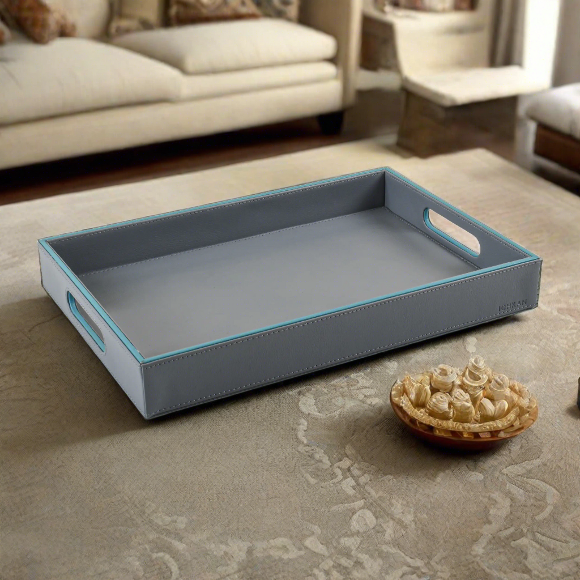 Leatherette Rectangle Serving Tray Large | Grey | Axis 2.0 ICHKAN