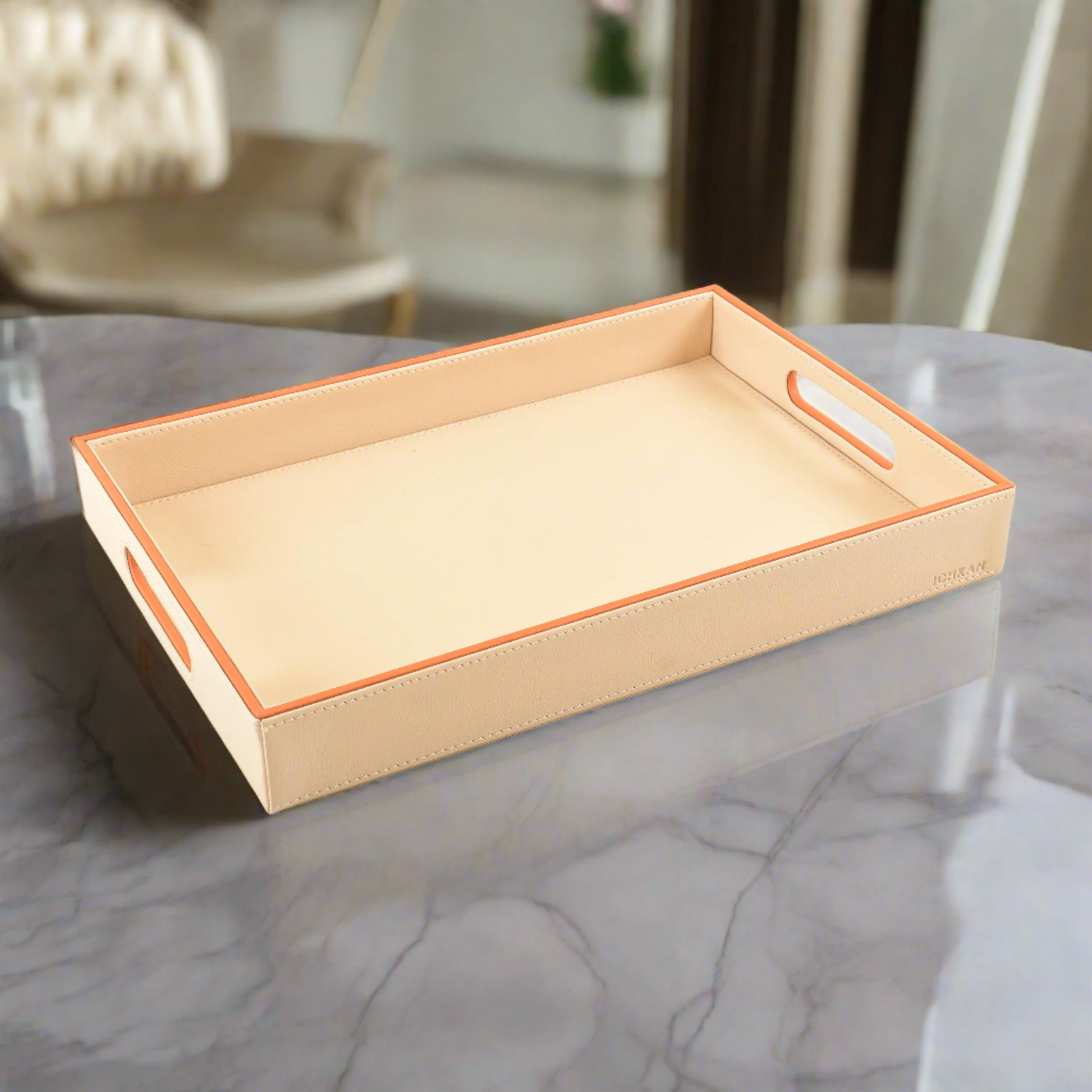 Leatherette Rectangle Serving Tray Small | Beige | Axis 2.0 ICHKAN