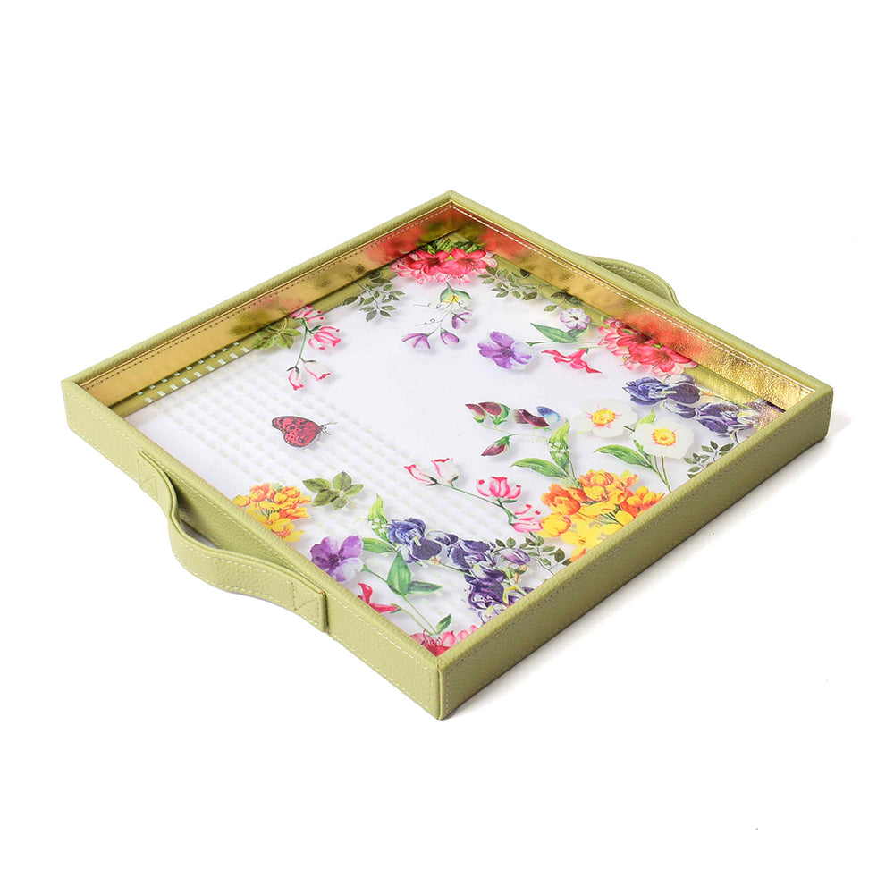 Basant Print Glass Leatherette Square Tray