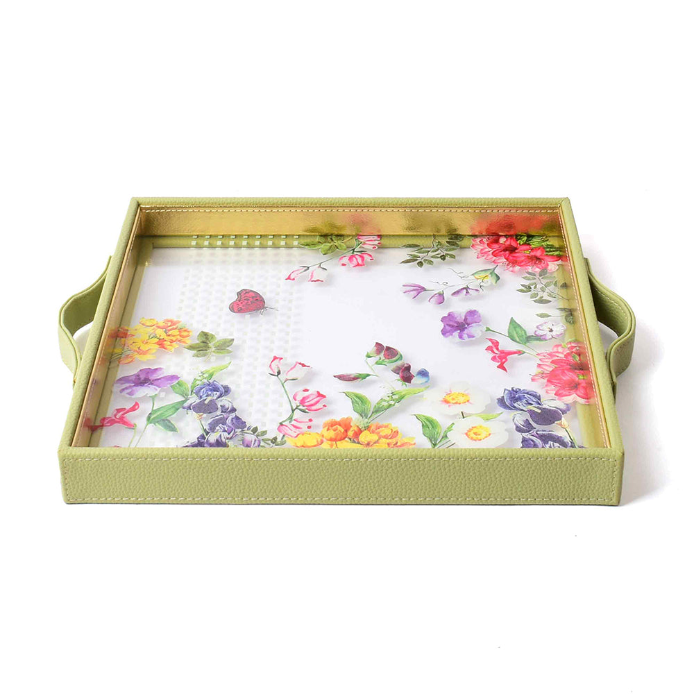 Basant Print Glass Leatherette Square Tray