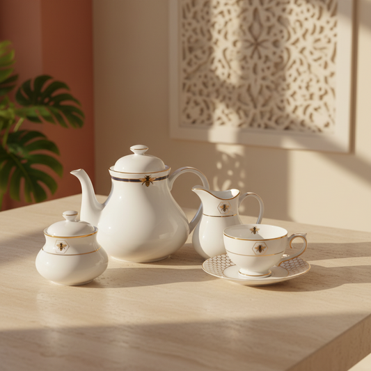White ceramic tea set with gold accents on a wooden table, sunlit with decorative wall in the background.