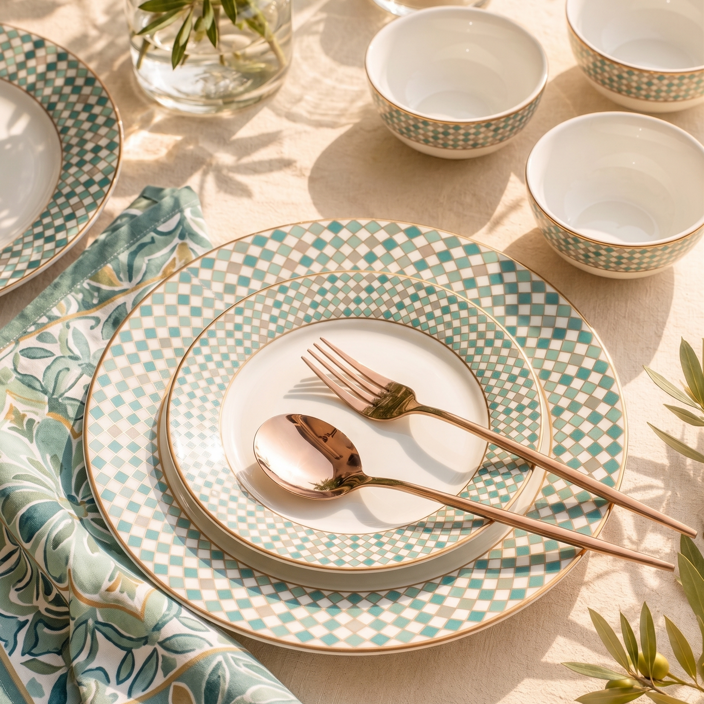 A styled table setting with layered ceramic plates featuring a teal and white checkered pattern with gold trim, accompanied by matching bowls, a floral napkin, and rose gold cutlery on a cream tablecloth with greenery and lemon accents.