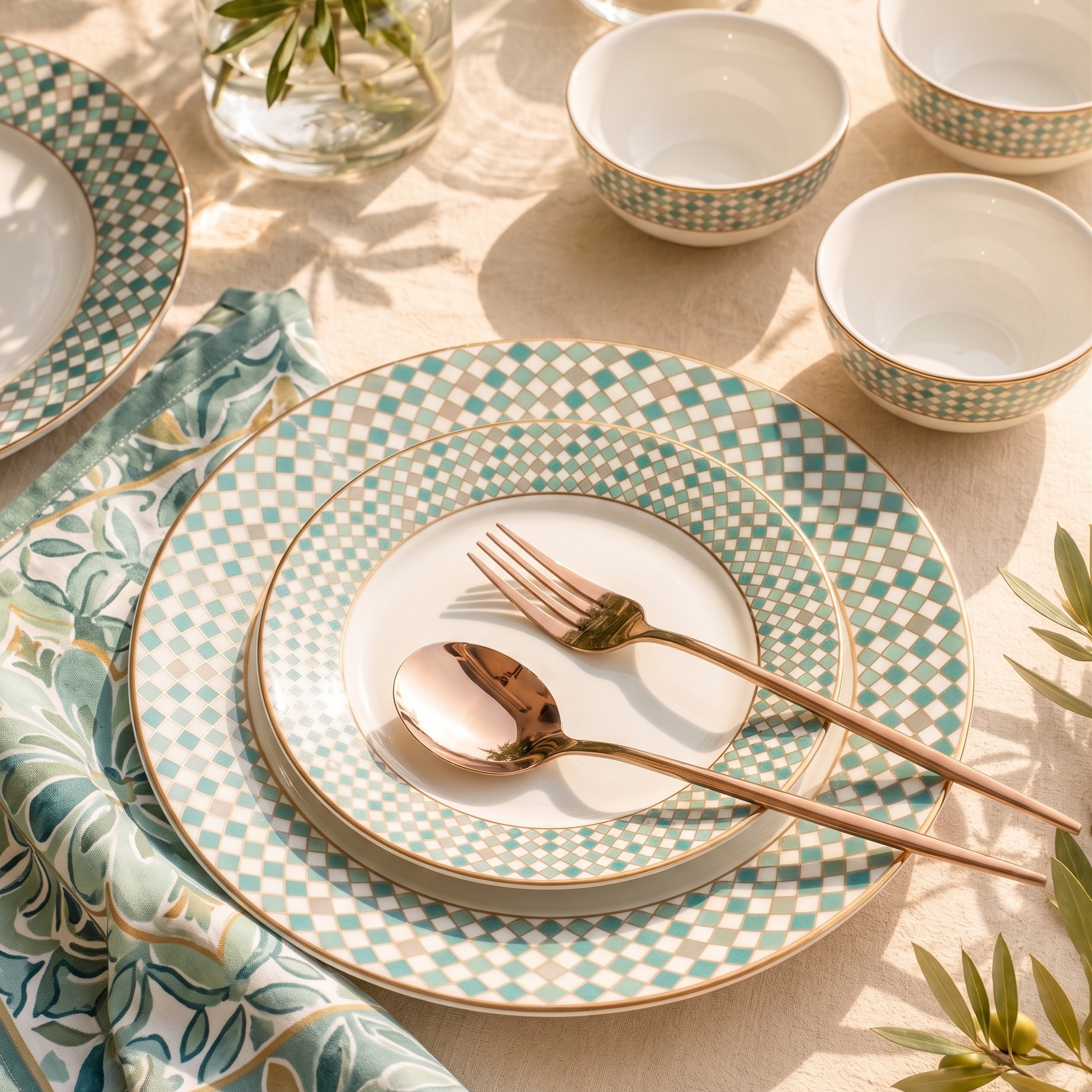 A styled table setting with layered ceramic plates featuring a teal and white checkered pattern with gold trim, accompanied by matching bowls, a floral napkin, and rose gold cutlery on a cream tablecloth with greenery and lemon accents.