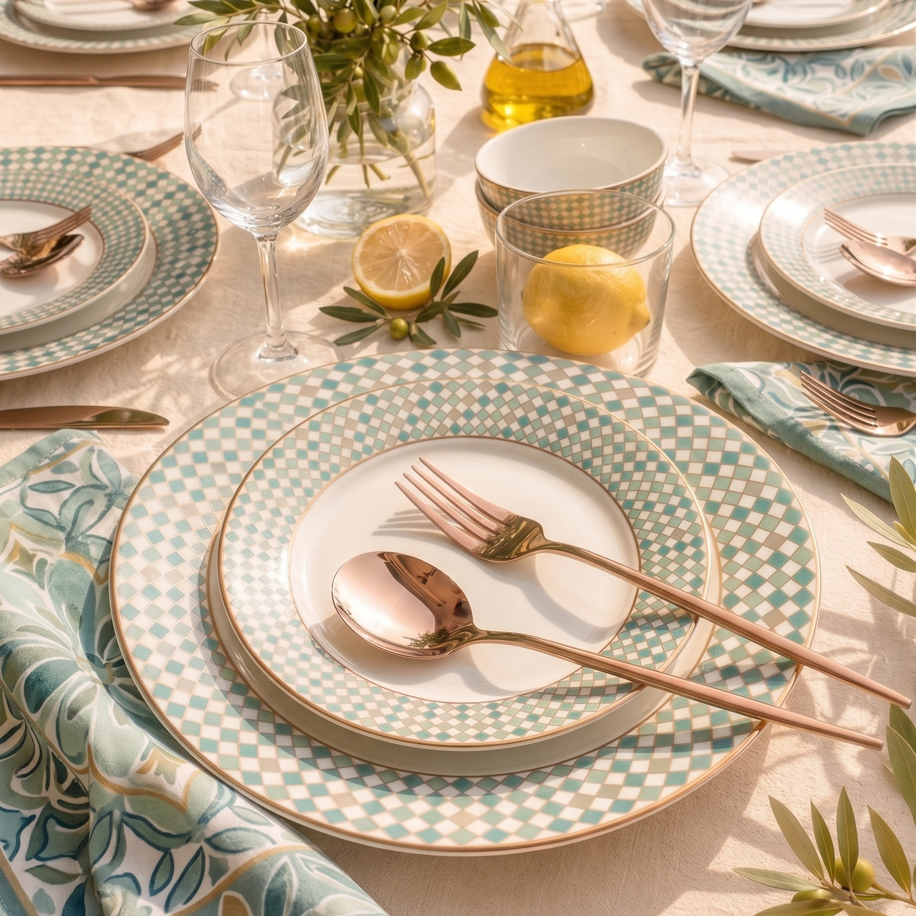 A beautifully styled table setting featuring a layered dining plate set with a teal and white checkered pattern and gold trim, accompanied by matching napkins, rose gold cutlery, and decorative accents like lemons and olive branches.