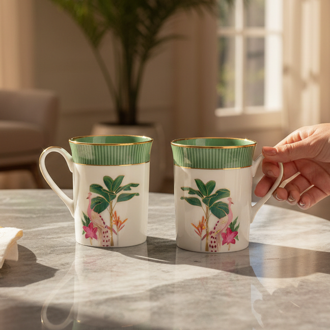 Two decorative mugs with floral designs on a marble surface, one being held by a hand.