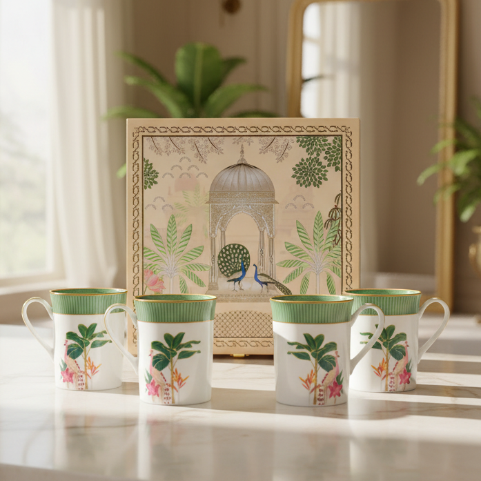 Set of four ceramic mugs with decorative designs on a table, accompanied by a framed artwork.