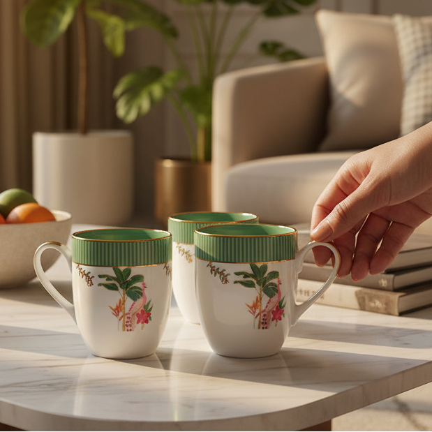 Three floral mugs with green lids on a marble table, hand reaching for one mug.