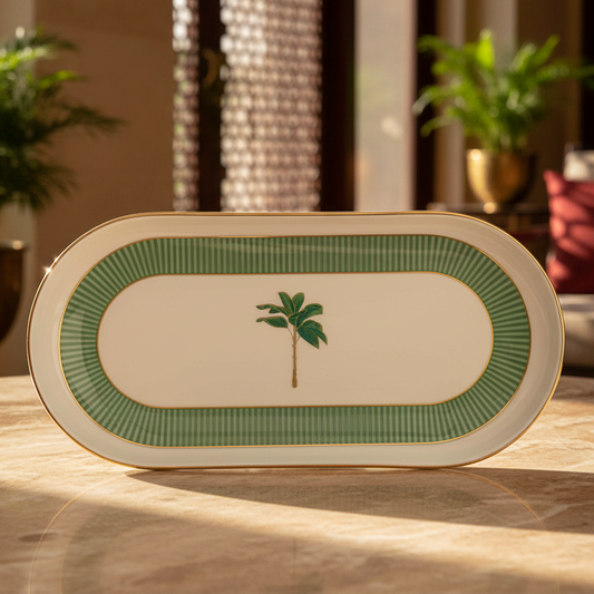 Decorative tray with palm tree design on a wooden surface