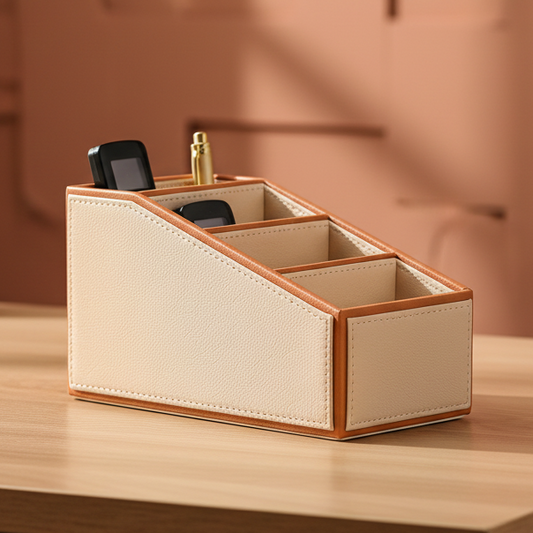 Beige desk organizer with compartments on a wooden surface