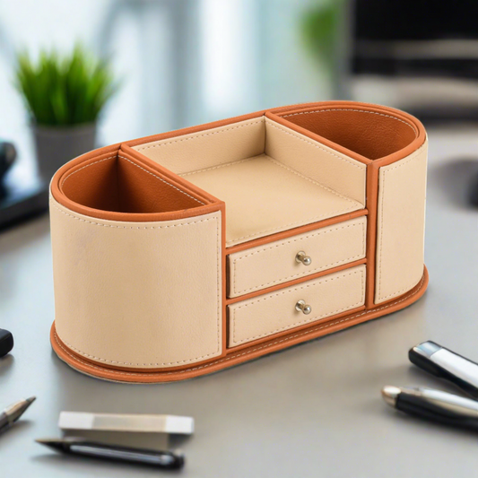 Leatherette Office Table Organiser with Storage Drawers | Beige | Axis 2.0 ICHKAN