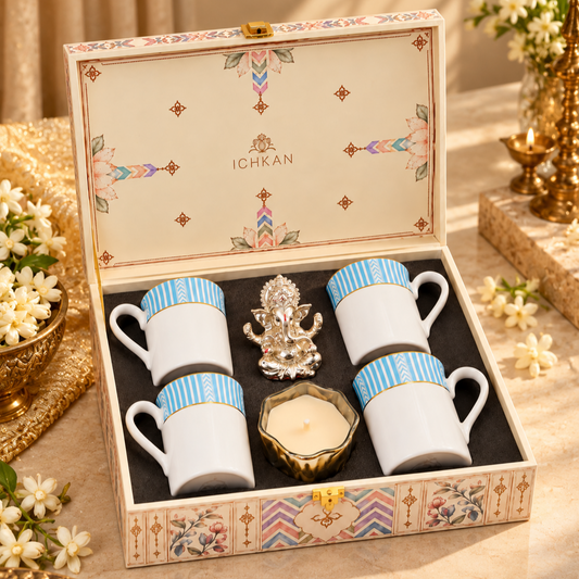 Gift Hamper | Set of 4 mugs with Ganesha Idol and Candle | Stripe Blue ICHKAN by Day To Day