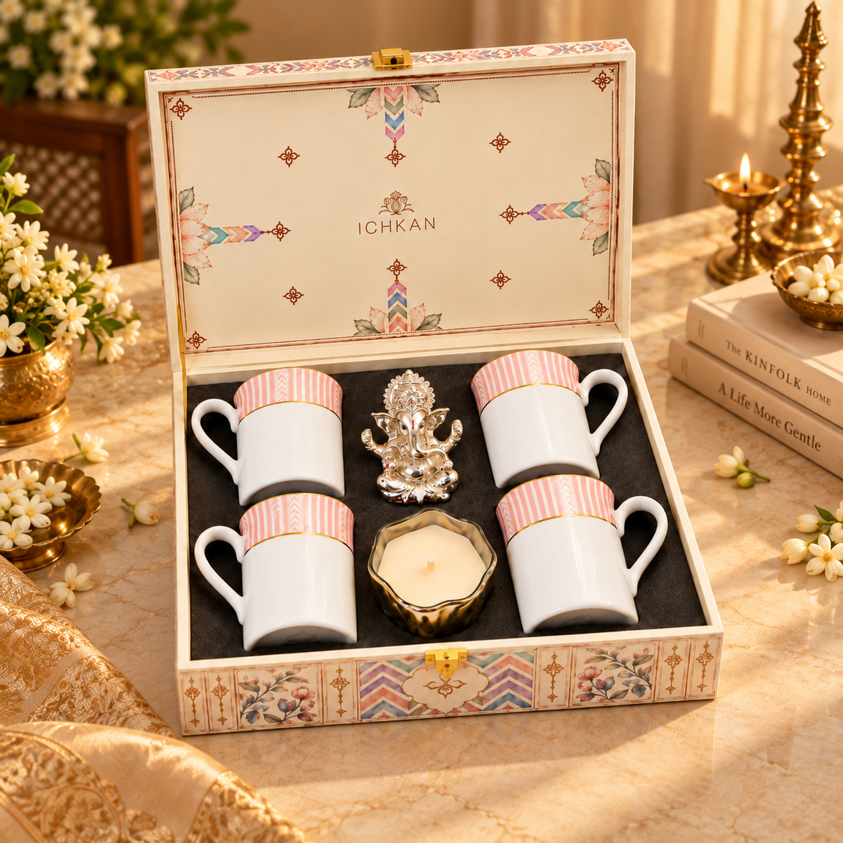 Gift Hamper | Set of 4 mugs with Ganesha Idol and Candle | Stripe Pink ICHKAN by Day To Day