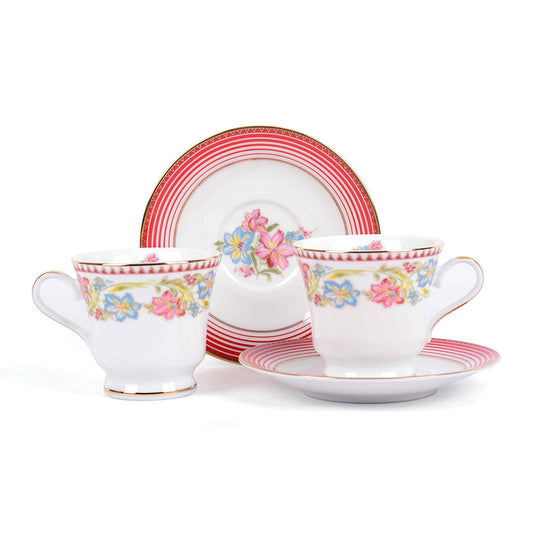Tea Cup and Saucer Set 12 Pcs | Red | Floral Crest ICHKAN by Day To Day