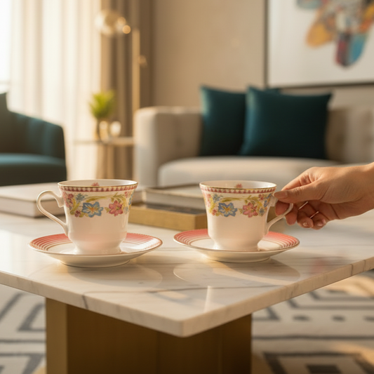 Tea Cup and Saucer Set 12 Pcs | Red | Floral Crest ICHKAN by Day To Day