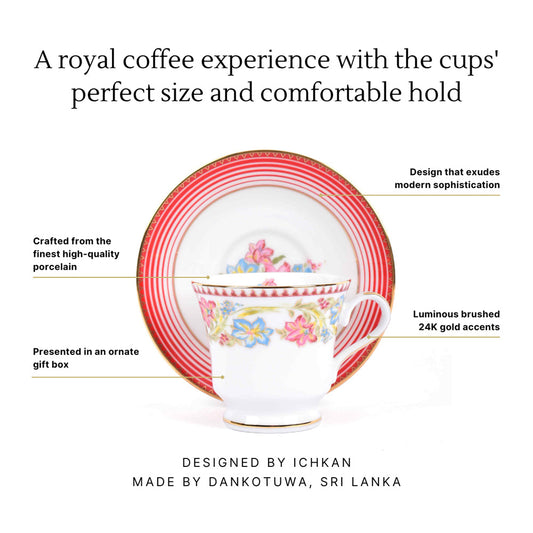 Tea Cup and Saucer Set 12 Pcs | Red | Floral Crest ICHKAN by Day To Day