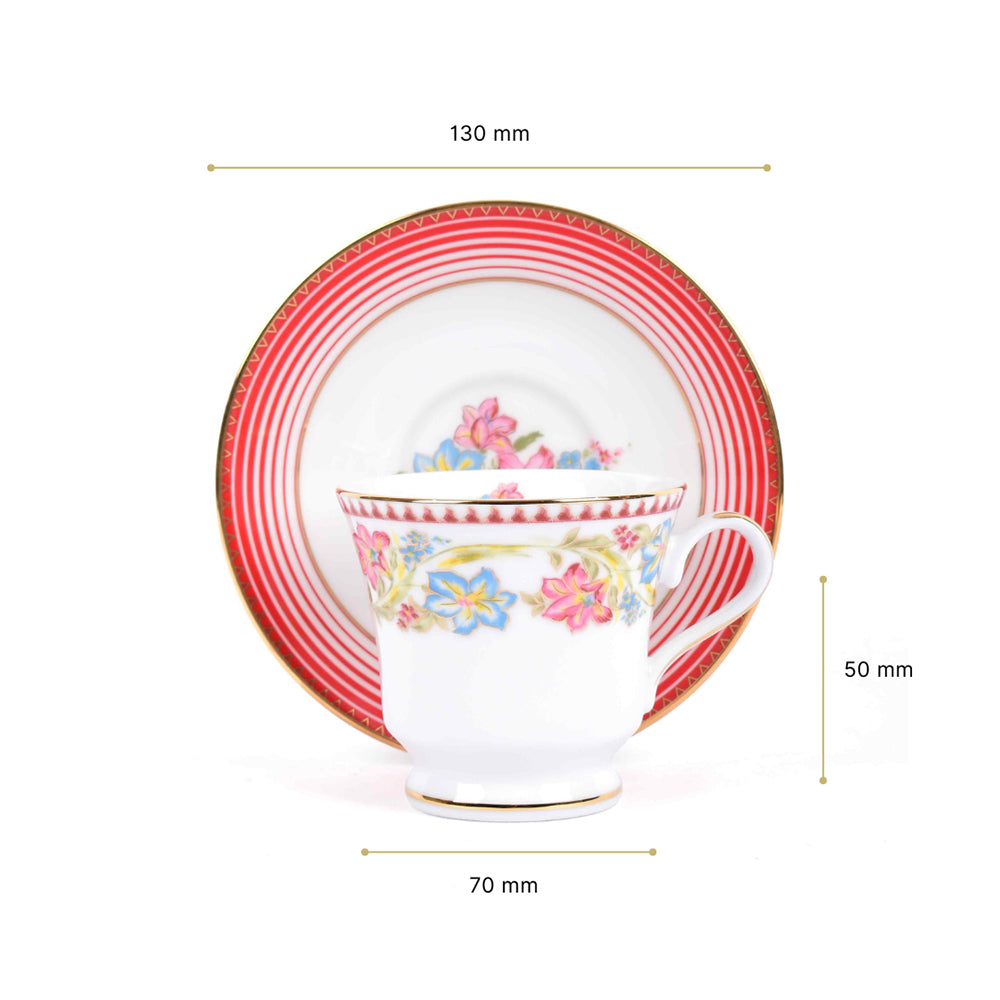 Tea Cup and Saucer Set 12 Pcs | Red | Floral Crest ICHKAN by Day To Day