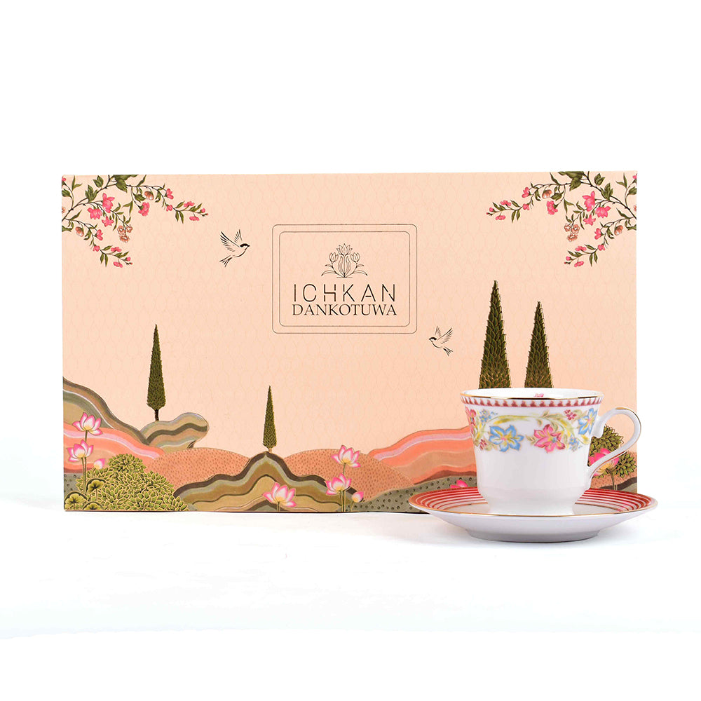 Tea Cup and Saucer Set 12 Pcs | Red | Floral Crest ICHKAN by Day To Day
