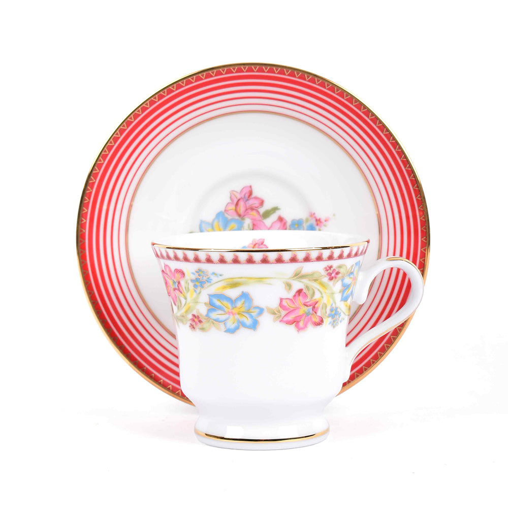 Tea Cup and Saucer Set 12 Pcs | Red | Floral Crest ICHKAN by Day To Day