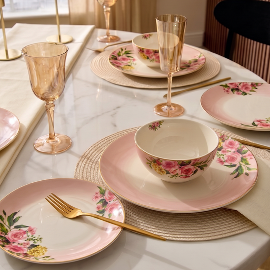 A styled dining table setting featuring a pink floral ceramic dinnerware set with matching bowls, plates, and gold-toned glassware on a white marble table runner.