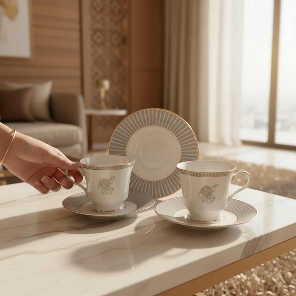 Two white teacups with gold accents on a marble surface, with a hand holding one of the teacups.
