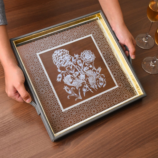 Grey Iris Print Glass Leatherette Square Tray