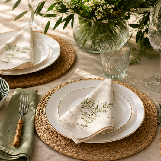 A styled table setting collage showing white dinnerware with thin gold trim on a beige tablecloth, alongside dimension callouts for dinner plate, quarter plate, rice platter, salad bowl, and veggie bowl. The top half includes napkins with green botanical embroidery, bamboo-handled cutlery, a bowl of olives, and greenery in a vase.