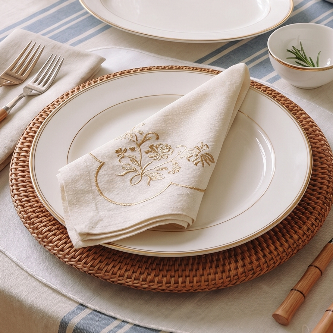 A beautifully styled table setting featuring a blue and white striped tablecloth, white ceramic plates with gold trim, woven placemats, silver and bamboo cutlery, and a white floral vase in the background.