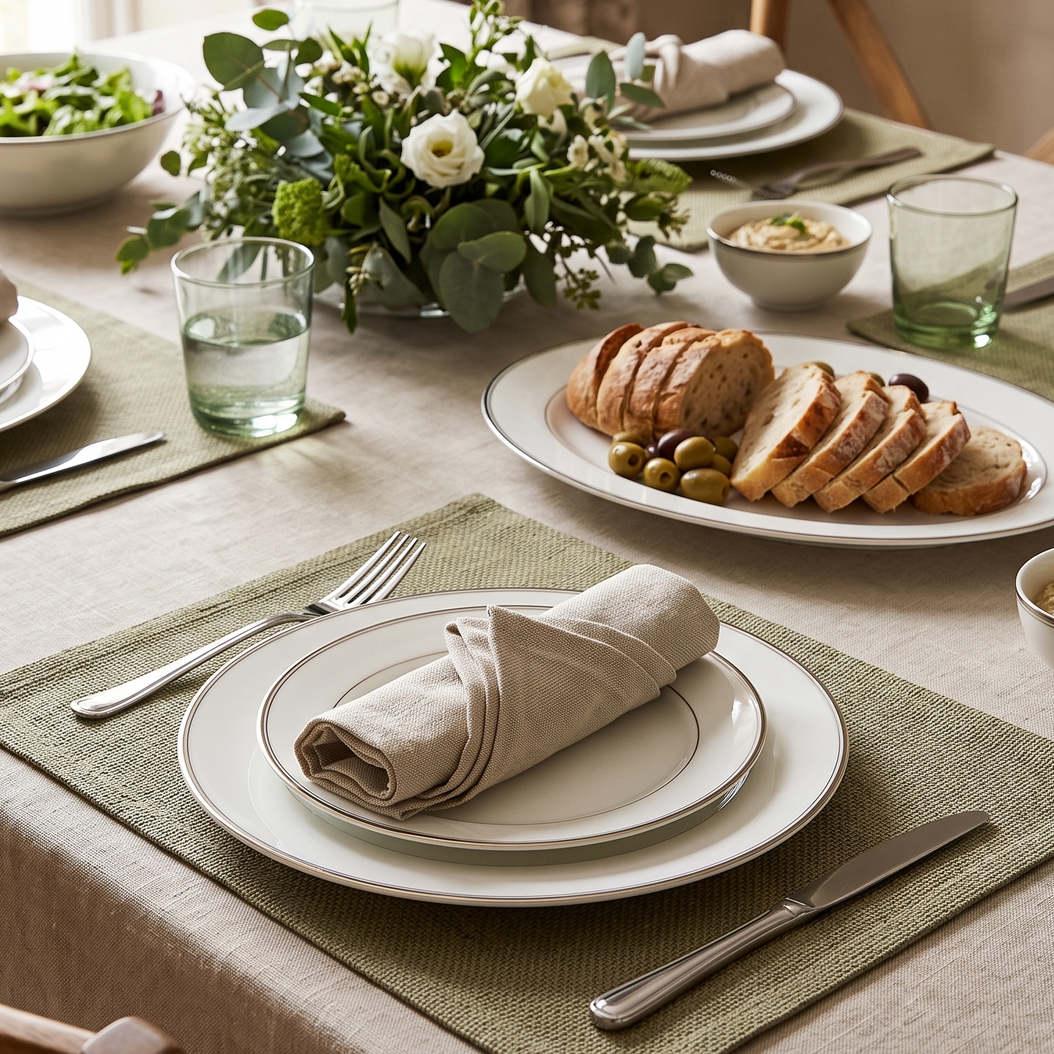 A beautifully styled dining table set for a meal, featuring white ceramic plates, folded beige napkins, green placemats, a floral centerpiece, and sliced bread on plates.