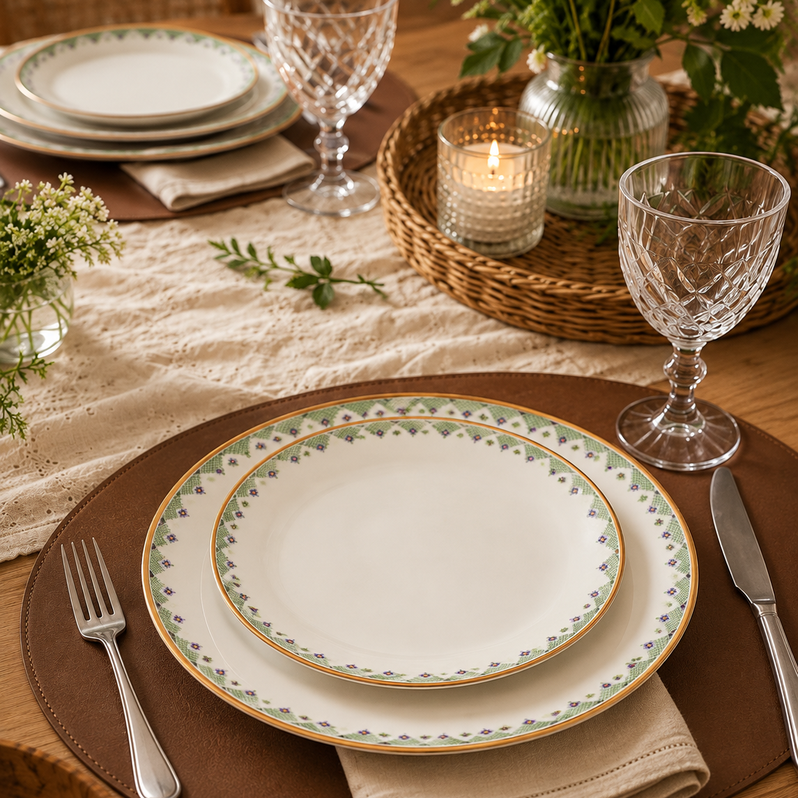A styled table setting featuring a white ceramic dinner plate with a green and gold leaf pattern, layered over a matching charger plate, on a brown placemat with a cream napkin, silver fork, and glassware.