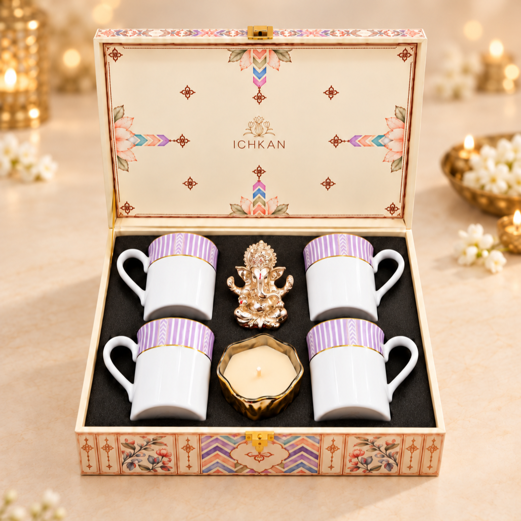 Gift Hamper | Set of 4 mugs with Ganesha Idol and Candle | Stripe Purple ICHKAN by Day To Day